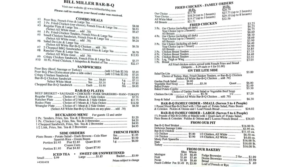 Barbecue Plates Bill Miller’s Menu