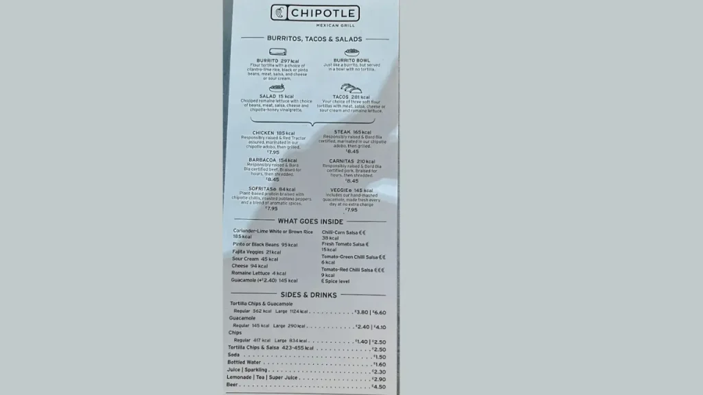 Burritos and Bowls Chipotle Mexican Grill Menu