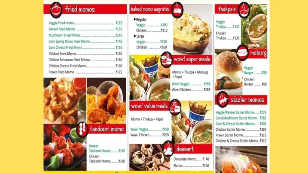 Approximate Price Range WOW Momo Menu Card