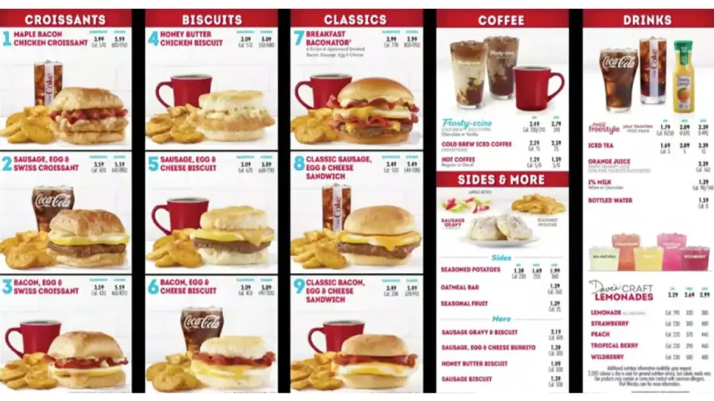 Coffee and Specialty Drinks Wendy's Breakfast Menu With Prices