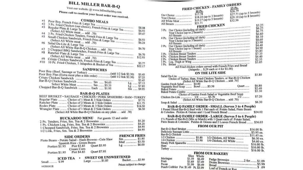 Fried Chicken and Family Meals Bill Miller's Menu Prices